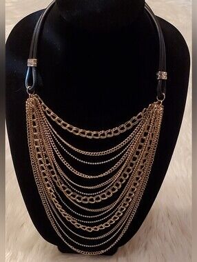 ​WHBM Gold Tone Multi Strand Waterfall Chain Bib Statement Necklace Edgy Chic